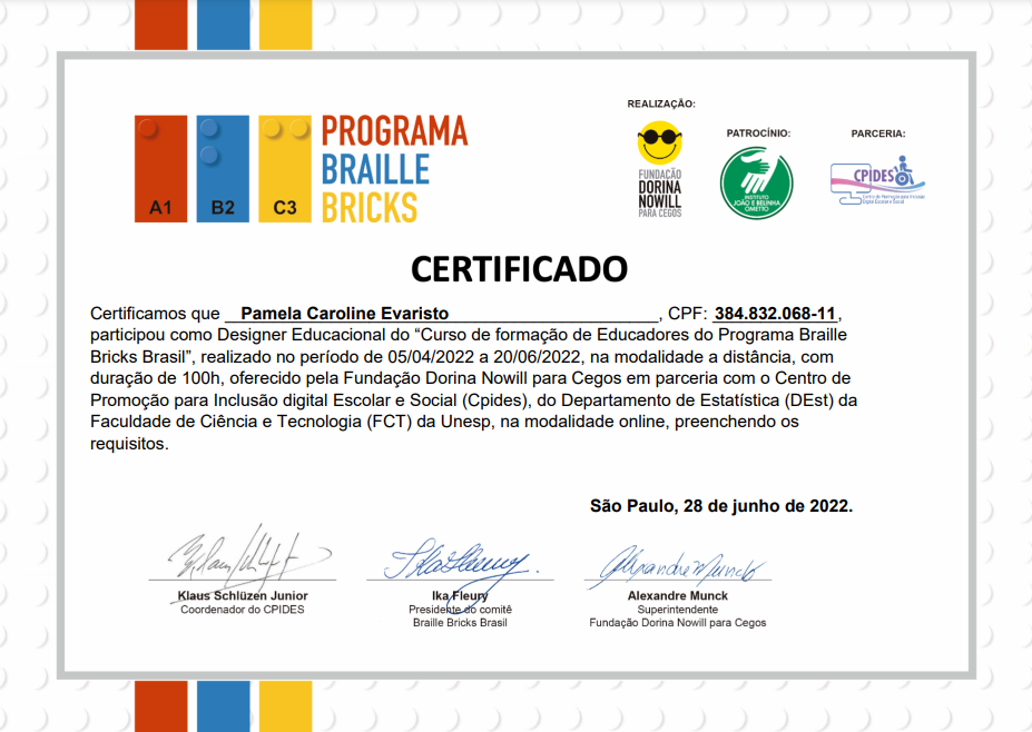 Certificação da Equipe de Formação LEGO Braille Bricks